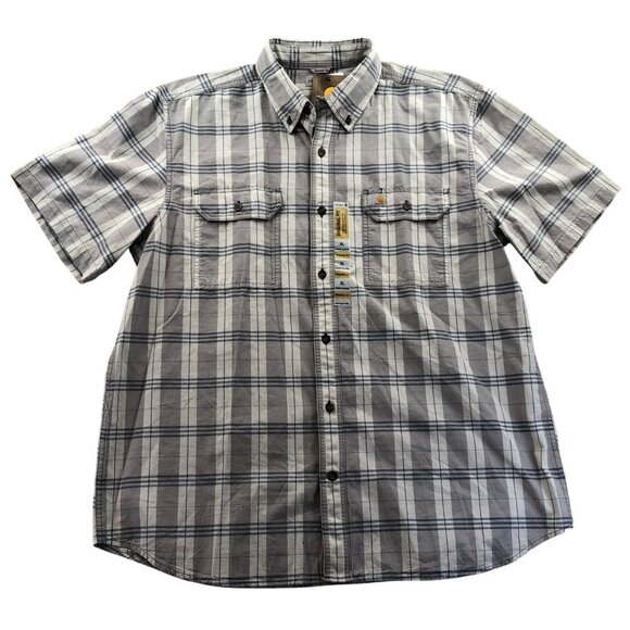 NWT Carhartt Mens Work Shirt XL Plaid Short Sleeve Button-Up Outdoors Gray - Picture 1 of 16